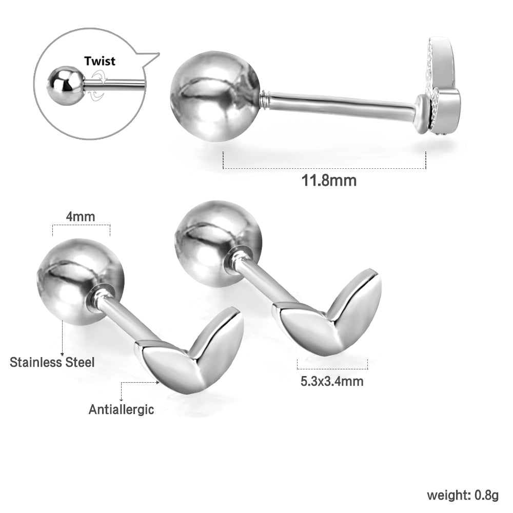 Gold coloured steel ball screw-in leaf stud earrings asonjewelry